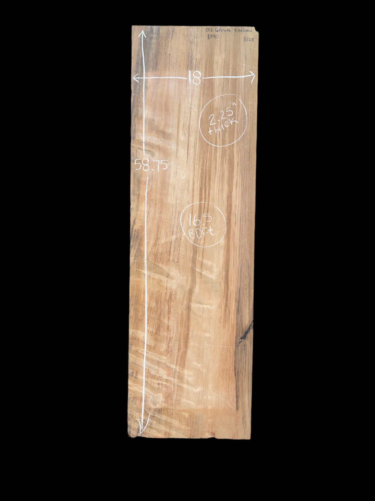 Curly old Growth Redwood Slab B128