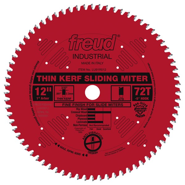 12" Thin Kerf Sliding Compound Miter Saw Blade, 72T