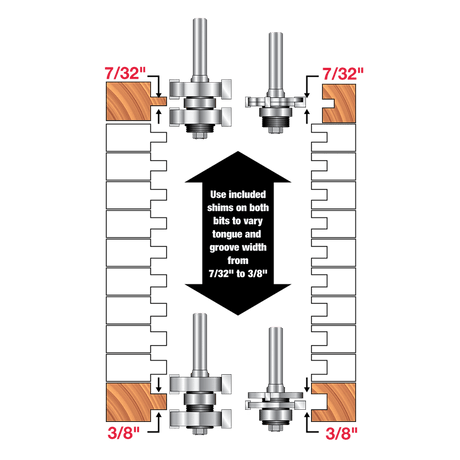 1/2" to 1-1/4" Tk. Adjustable Tongue & Groove Bit Set