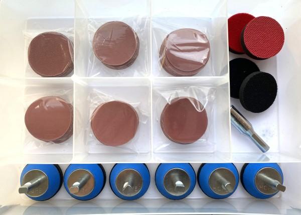 Quick Click Kit, 6 x 47mm Heads w Interface Pads, Quick Click Standard Holder, 4 Spare Interface Pads & 120 Abrasive Discs (20 of each grit:  120, 180, 240, 320, 400 & 600) Simon Hope