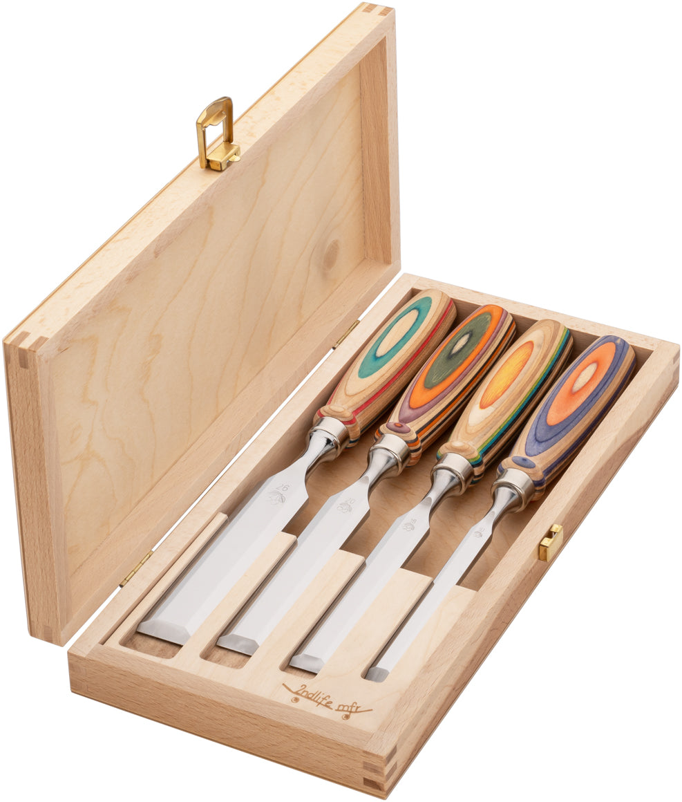 4-Piece W.I.N.A.C. Chisel Set In Wooden Box, Two Cherries