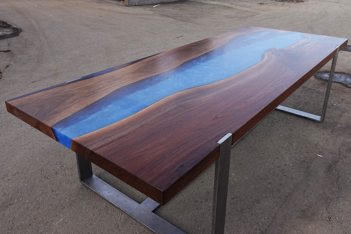 Black Walnut and Metallic Blue Resin Dining Table