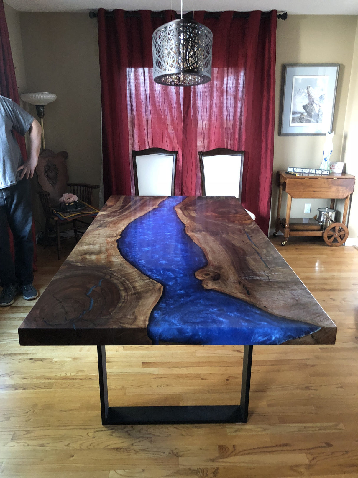 Claro Walnut and Deep Blue Resin Dining Table