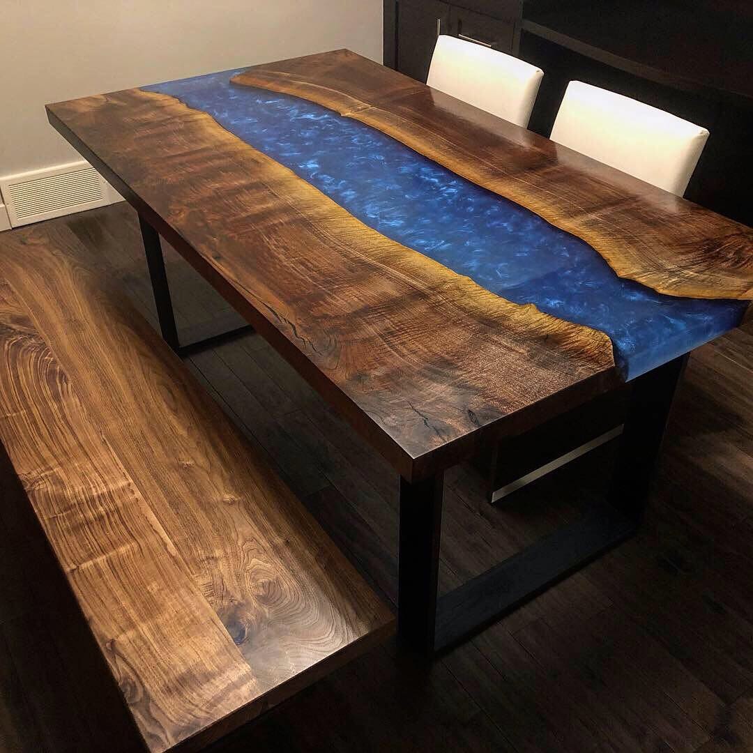 Claro Walnut and Deep Blue Resin Dining Table