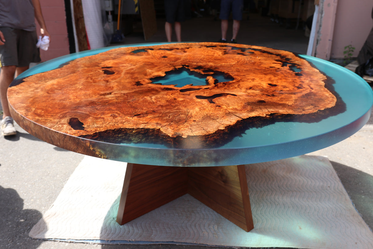 Sycamore Burl and Teal Resin Dining Table