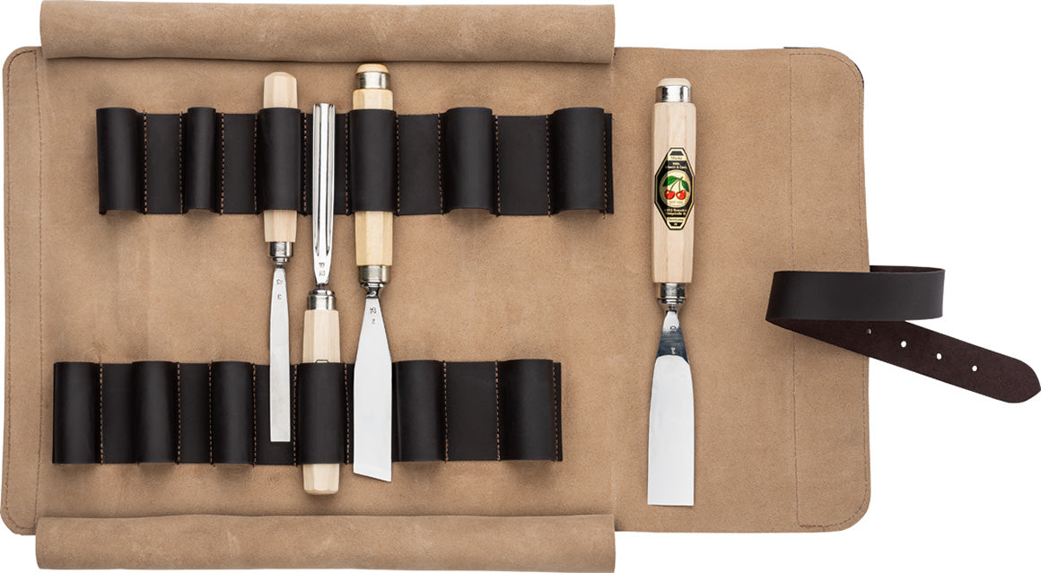 12 Pocket Leather Tool Roll Bag, Two Cherries