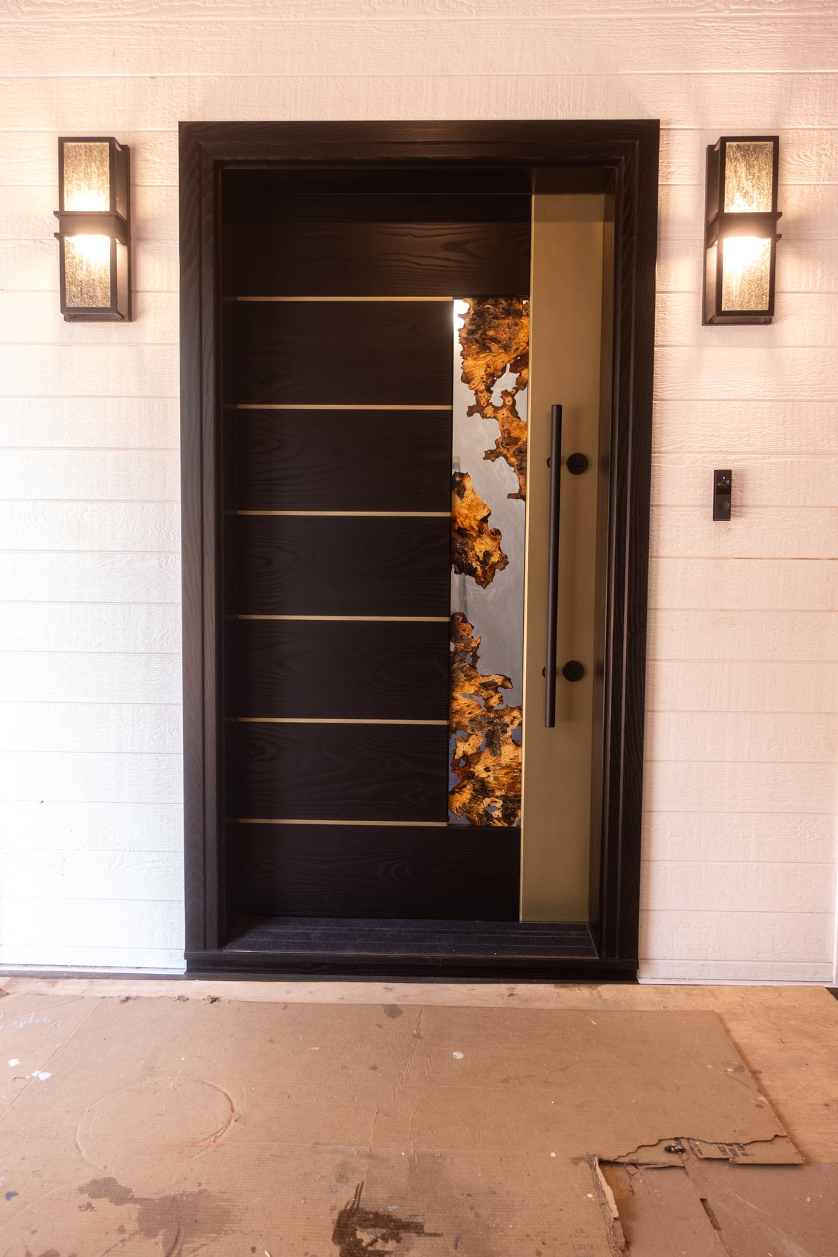 Blackened Ash and Brass Door with Buckeye Burl Panel