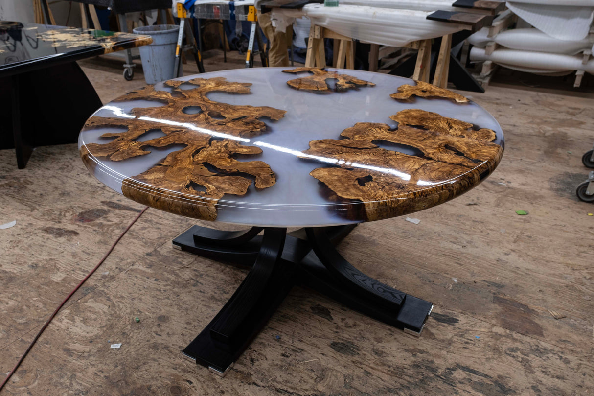 Olive Wood Burl Dining Table with a Custom Base