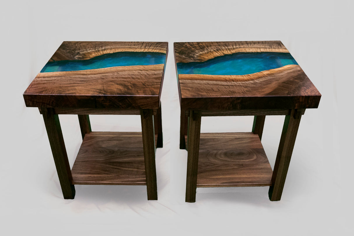 Black Walnut and Blue Resin End Tables