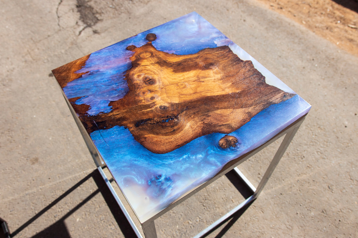 Walnut and Iridescent Resin End Table